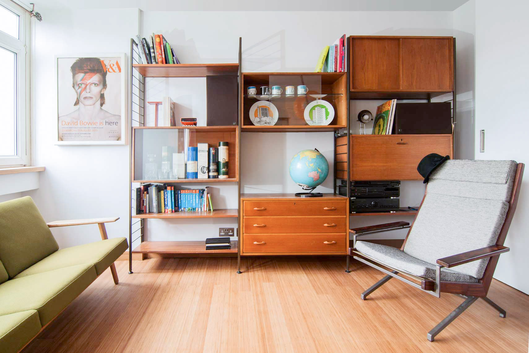 Retro modular shelving unit and mid century sofa