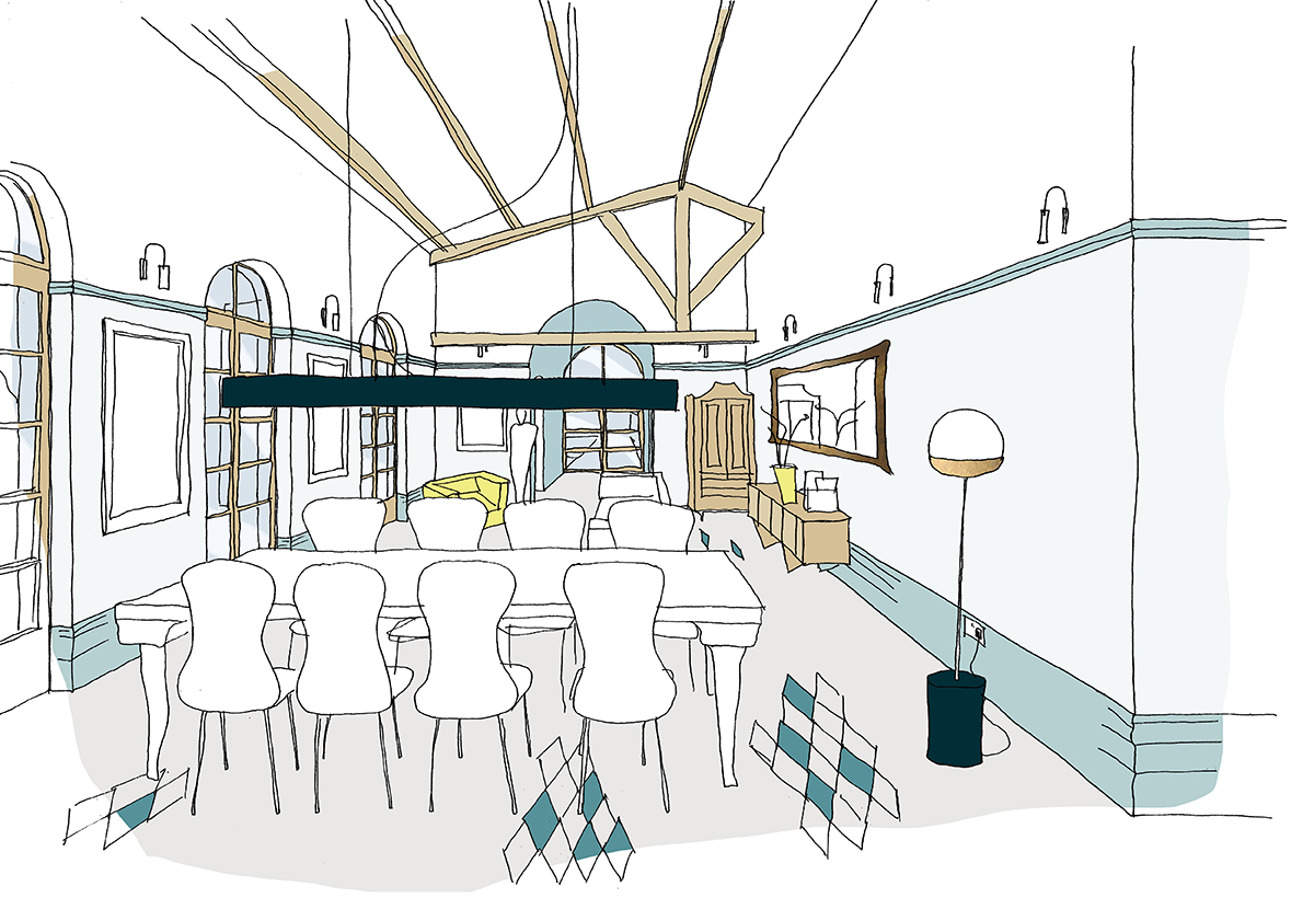 Interior visualisation of the dining space including classic arch windows and retention of the beautiful dated beams.