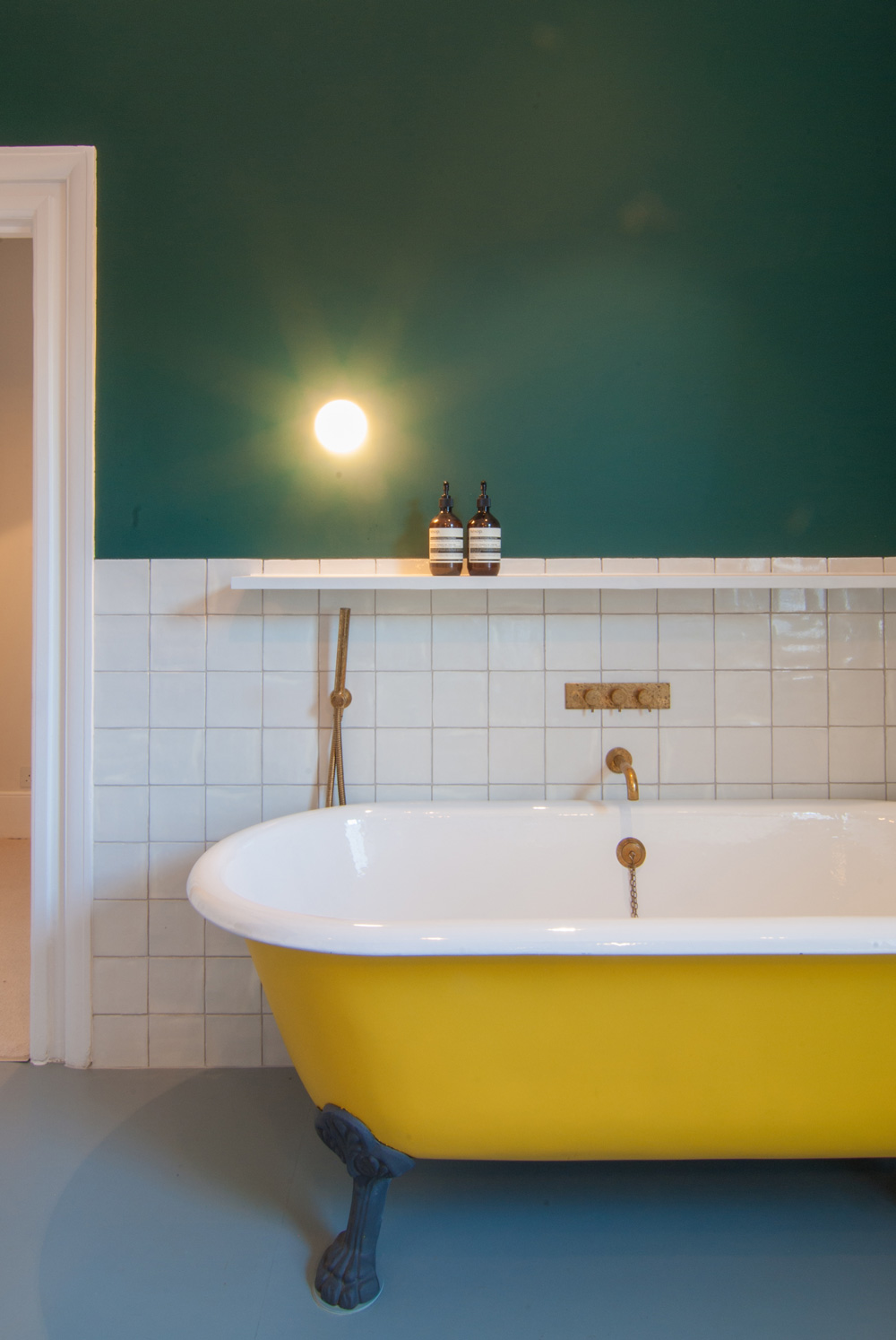 Leytonstone-Renovation-Teal-Bathroom-Yellow-Bath-Brass-Refurbishment