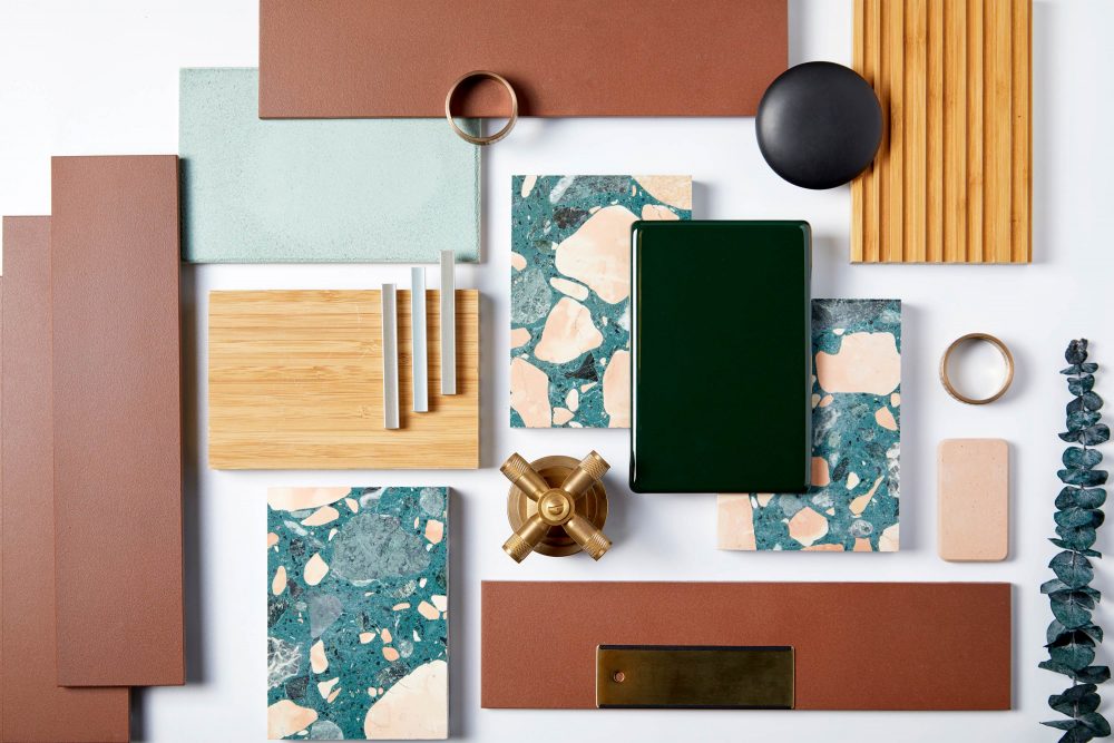 Interior design mood board showing material palette and finishes for a BVDS project