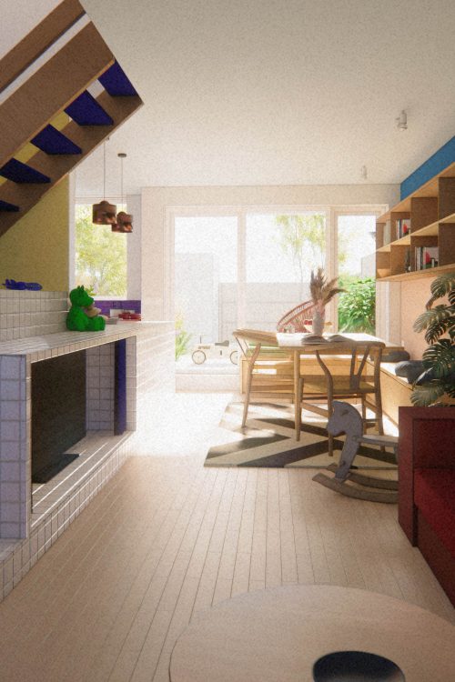 Detail of Vanbrugh Park Estate interior showing playful curves, strong colours, and integrated joinery