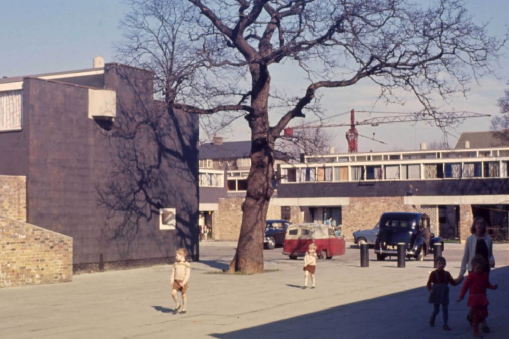 Original 1963 archive photo of Vanbrugh Park Estate, showing brick terraces and landscaped communal areas