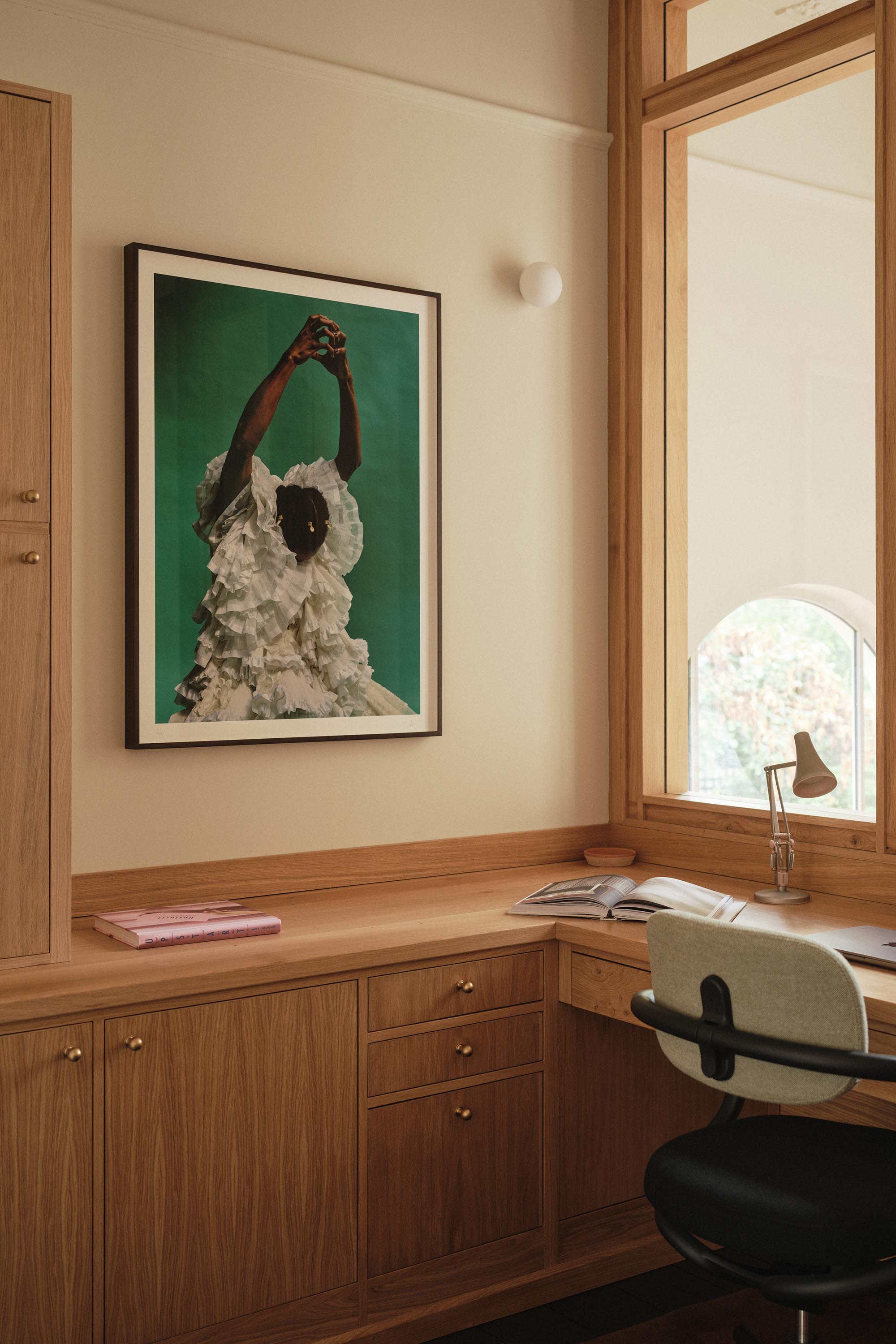 Lauriston study with oak window, double-height space, Vitra chairs, bespoke desk, dark timber floor, and art storage joinery
