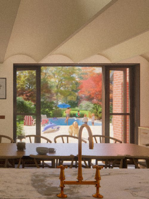 Sevenoaks home visualisation highlighting mature garden, terrace, and pool, with large windows bringing light into the open-plan living spaces