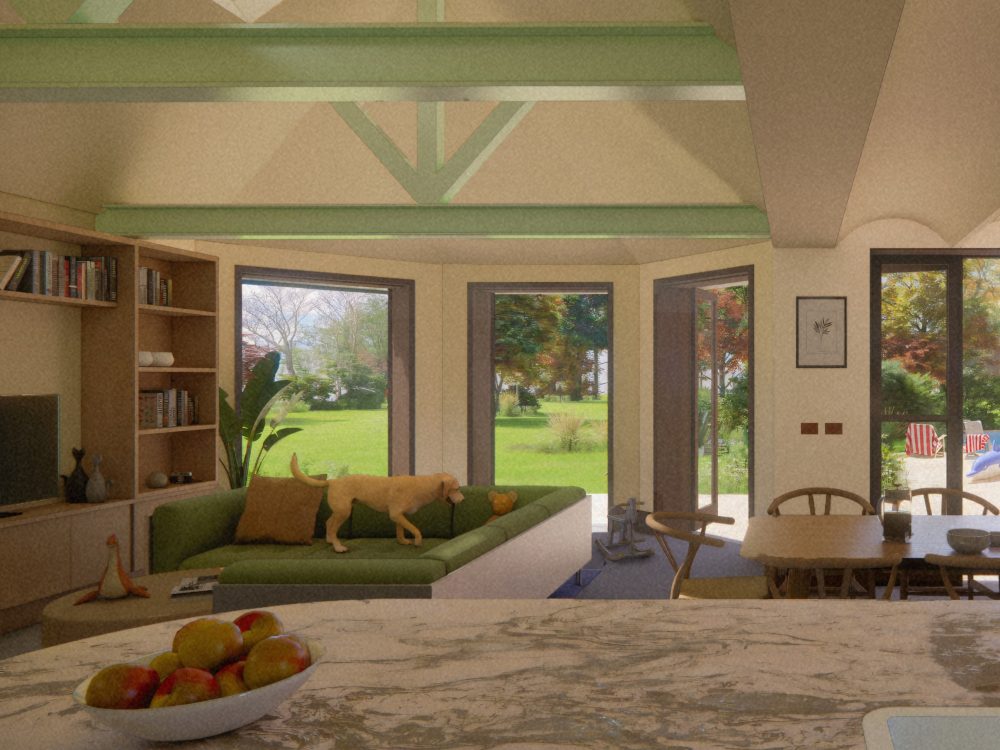 Open-plan dining area visualisation in Sevenoaks home, adjacent to kitchen and lounge, with sliding doors connecting to terrace and pool.