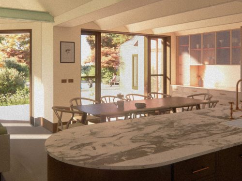 Sevenoaks open-plan kitchen visualisation with large windows overlooking the swimming pool and garden, connecting seamlessly to dining and lounge areas.