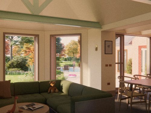 Cozy snug space in the Sevenoaks house, designed for family comfort while maintaining views through to garden and pool.