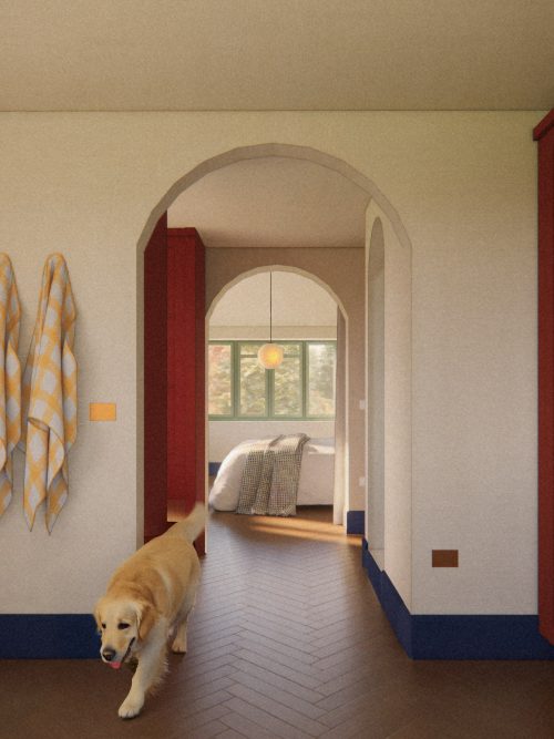 Principal bedroom visualisation with vaulted ceiling and large garden-facing windows, designed for light, views, and a sense of calm