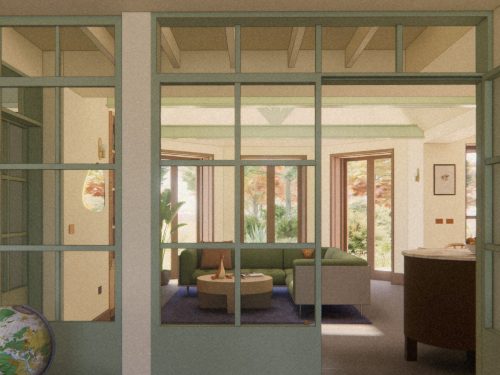 New lounge visualisation with internal glazed doors, offering framed views through to open-plan kitchen and dining.