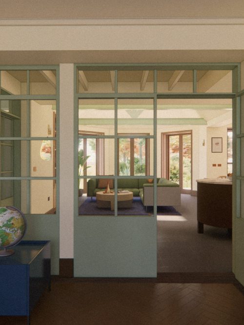 Lounge visualisation highlighting light-filled space, vaulted ceilings, and seamless connection to kitchen through glazed internal doors.