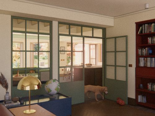 Perspective of lounge showing open-plan flow and visual connection to dining and kitchen areas via internal glazed screens