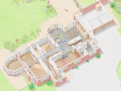 Aerial visualisation of Sevenoaks home ground floor, showing layout of open-plan kitchen, dining, lounge, and garden-facing terraces.