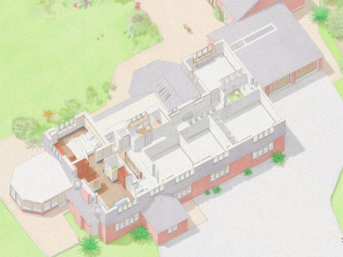 First floor aerial visualisation showing main bedroom suite, children’s bedrooms, guest room, and family bathroom layout.
