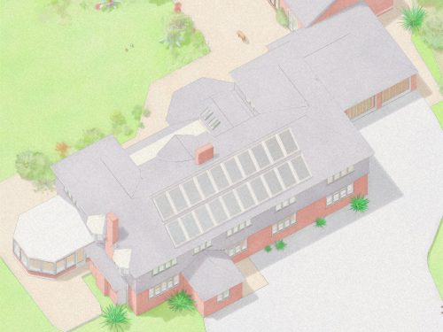 Bird’s-eye view of Sevenoaks house roof and solar panel installation, highlighting sustainable energy strategy and estate context.