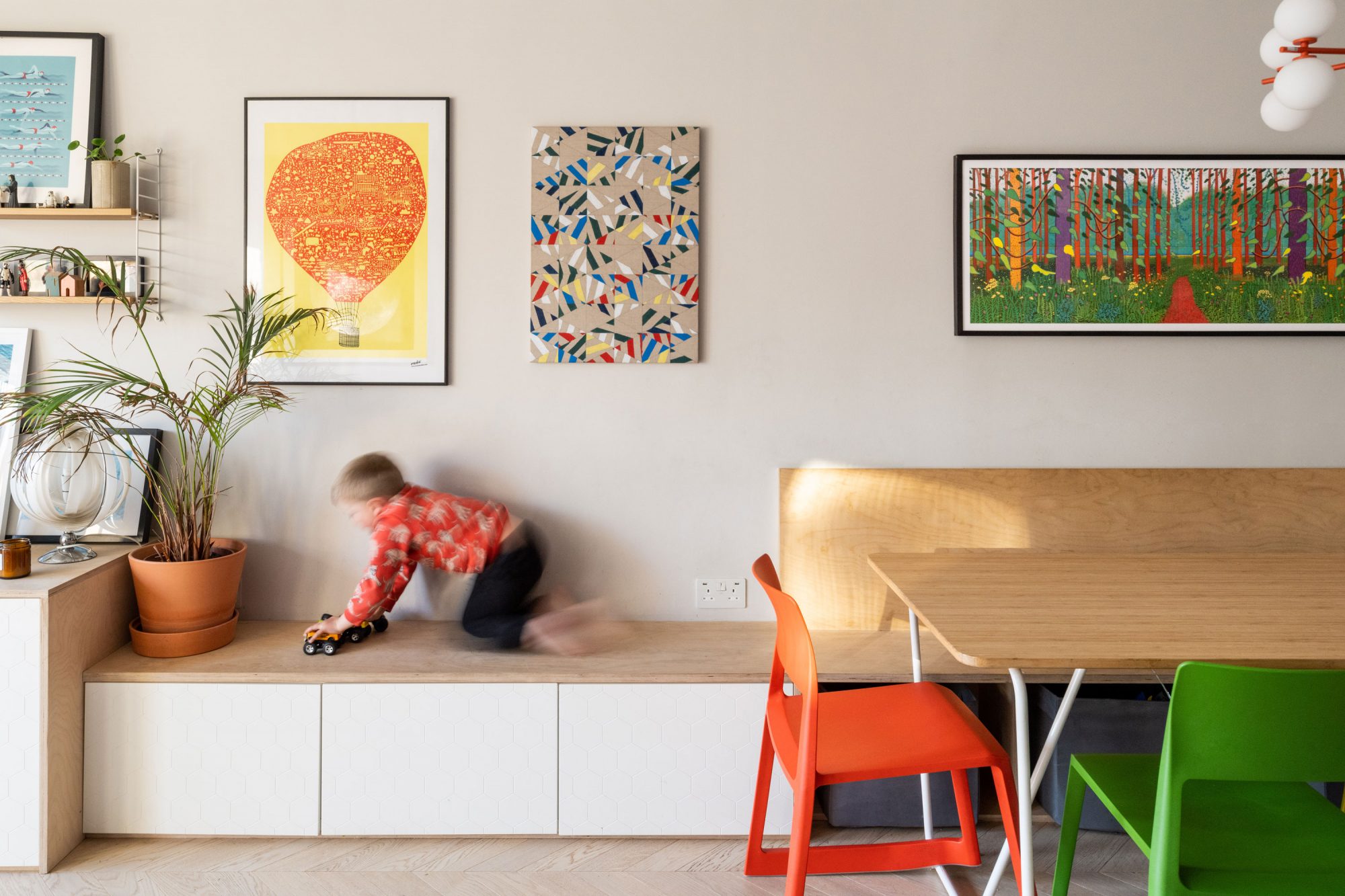 Tip ton chairs, plywood, artworks, child, George's House